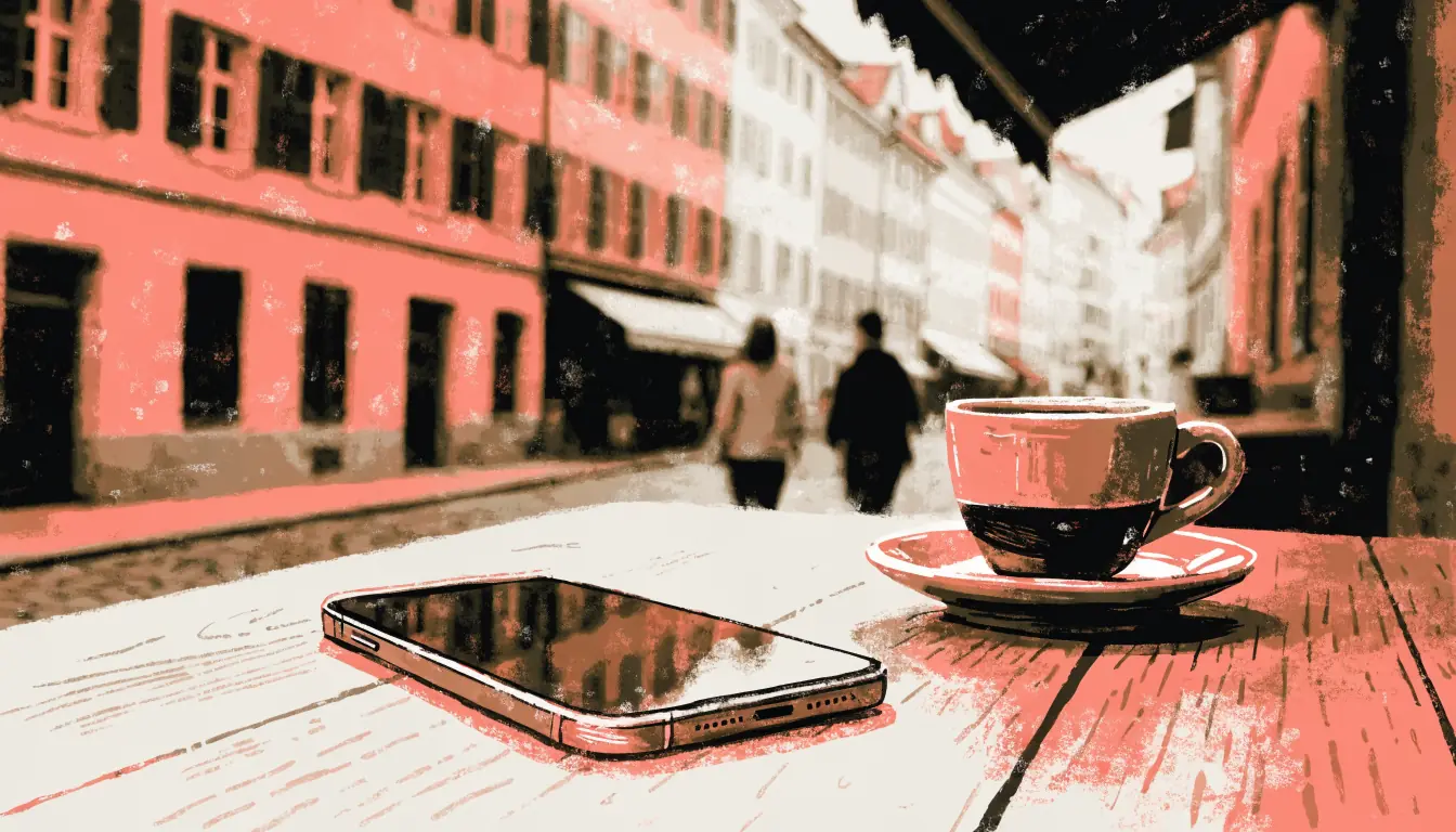 Smartphone auf einem Tisch in einem Zürcher Café, Bildschirm nach unten, Schweizer Strassencafé-Atmosphäre im Hintergrund.