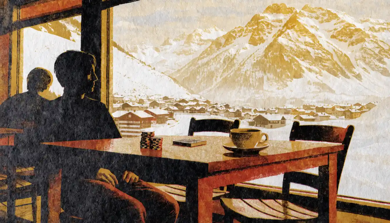 Schweizer Berghotellounge mit Casino-Chips und Spielkarten auf einem Holztisch