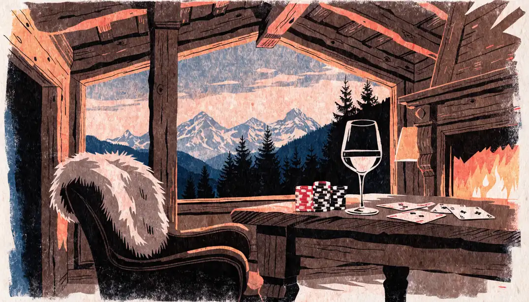 Gemütliche Schweizer Chalet-Lounge mit Casino-Chips, Spielkarten und Alpenblick durch das Fenster