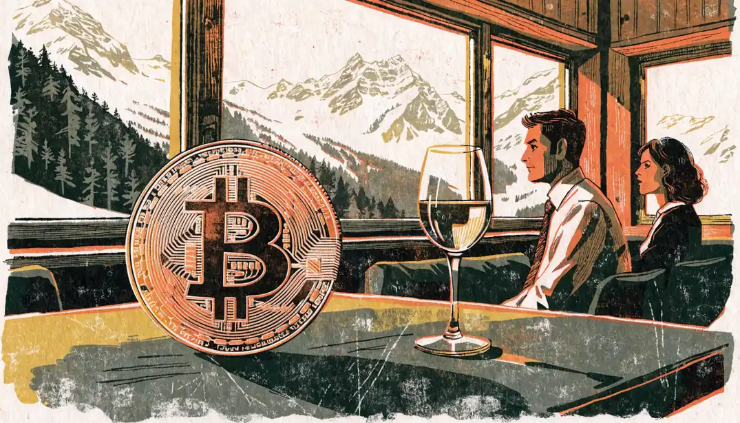 Bitcoin-Münze auf Filztisch in einem Schweizer Chalet mit Bergblick