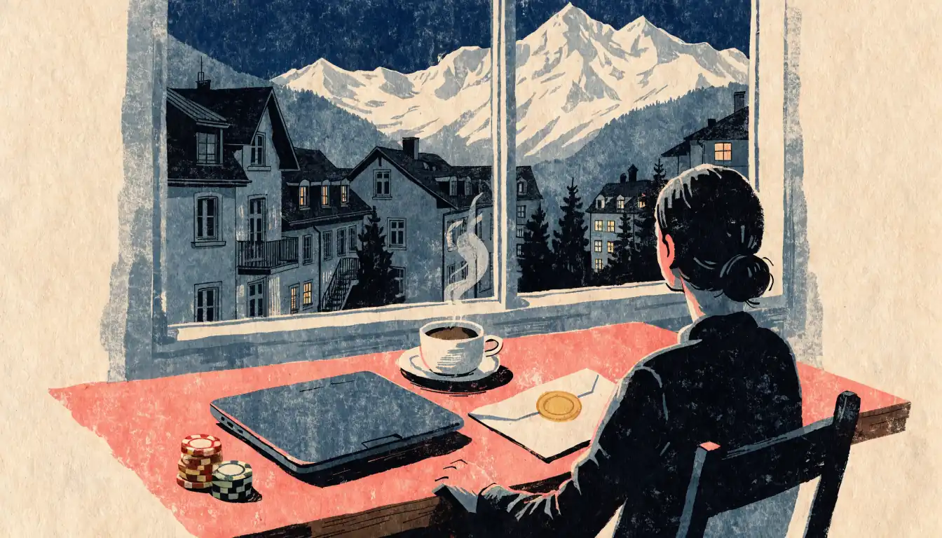 Schweizer Abendstimmung mit Laptop, Casino-Chips und Willkommensumschlag am Holztisch vor Alpenfenster.