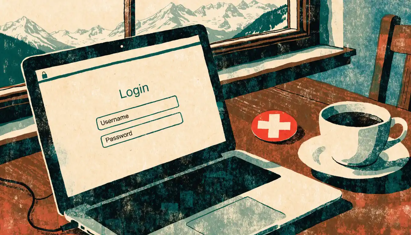 Laptop mit Schloss-Symbol auf Schweizer Wohnzimmertisch