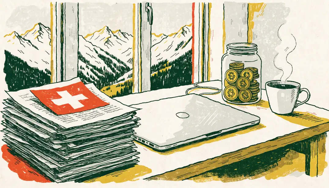 Schweizer Arbeitsplatz mit Dokumenten, Kryptomünzen und Schweizer Flagge bei Morgenlicht und Alpenblick.