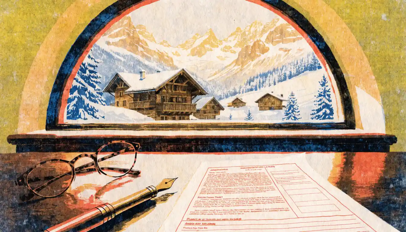 Formelles Dokument mit Füllfeder auf Holzschreibtisch vor Schweizer Alpenpanorama.
