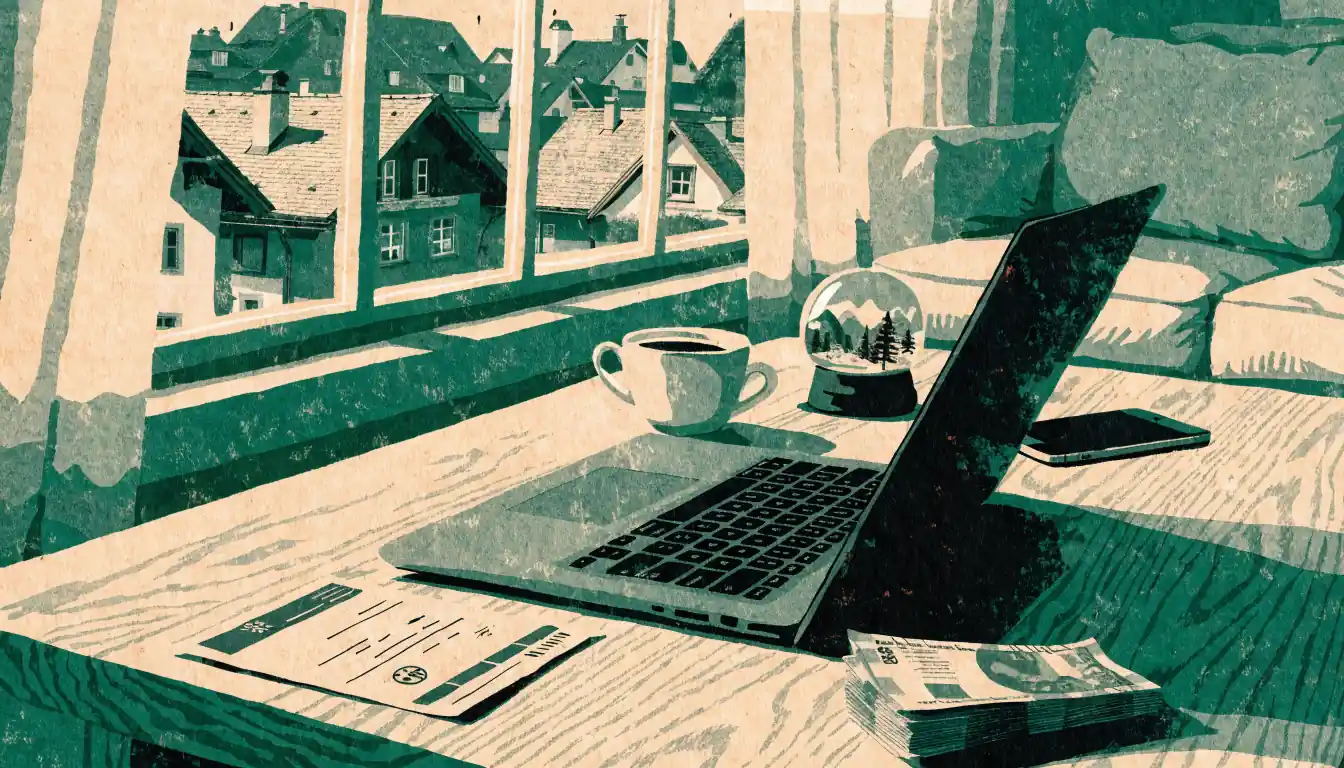Schweizer Wohnzimmer mit Laptop, Gutschein und Schweizer Franken auf dem Tisch