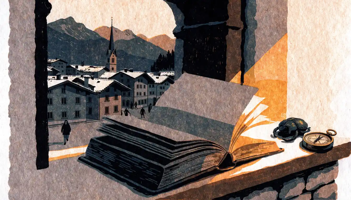 Schweizer Alpenstädtchen bei Dämmerung mit Skarabäus-Amulett und Buch auf einer Fensterbank.