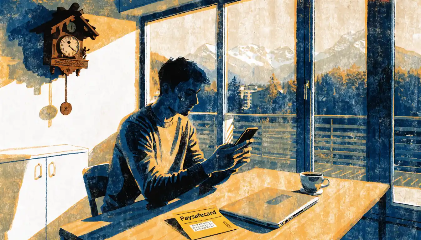 Schweizer Wohnzimmer mit Paysafecard-Gutschein und Laptop auf dem Tisch, Alpenblick durch das Fenster