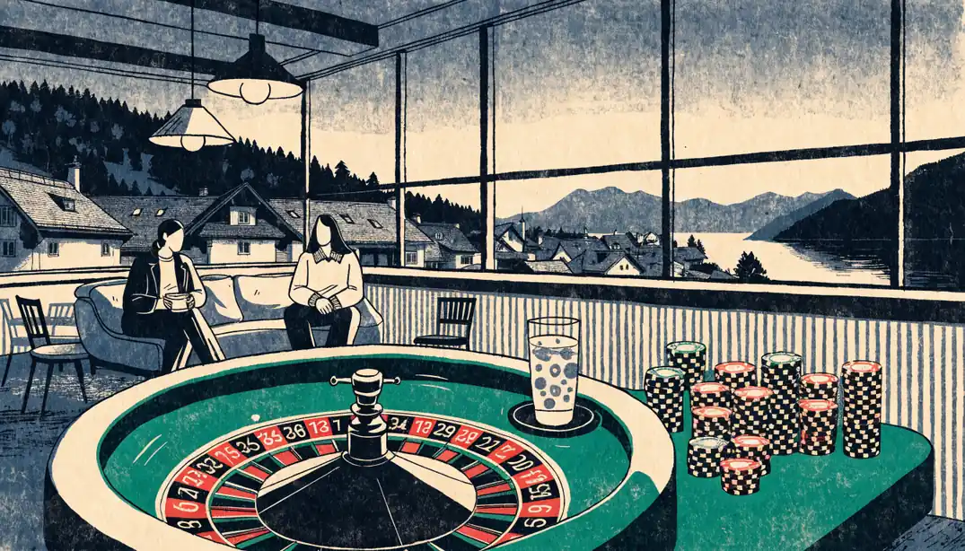 Modernes Schweizer Casino mit Roulette und Blick auf die Alpen bei Abendlicht