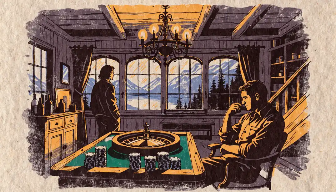 Schweizer Chalet mit Roulette-Tisch und Ausblick auf die Alpen