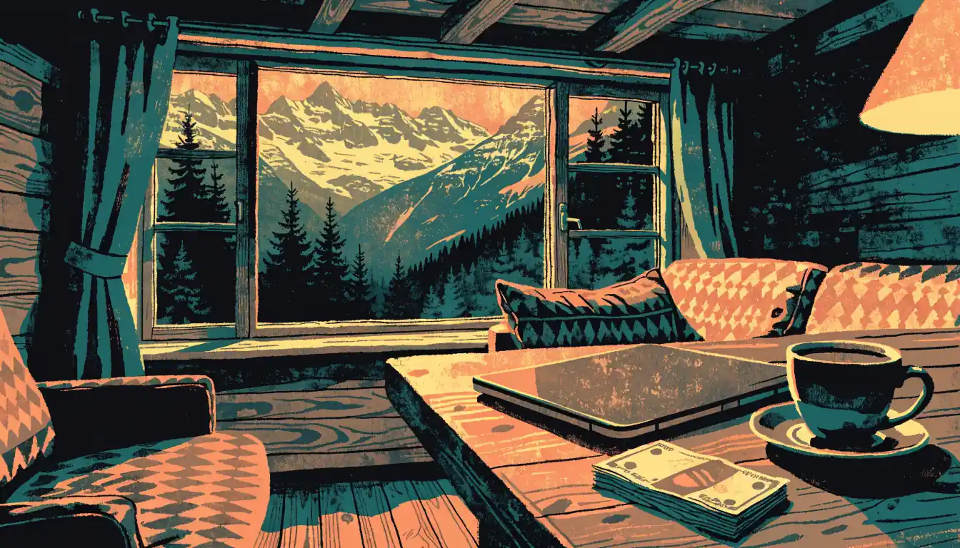 Abendliches Schweizer Chalet mit Laptop, Schweizer Franken und Alpenblick