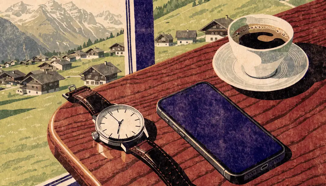 Schweizer Armbanduhr neben umgedrehtem Smartphone und Espresso mit Blick auf Alpendorf durch Fenster