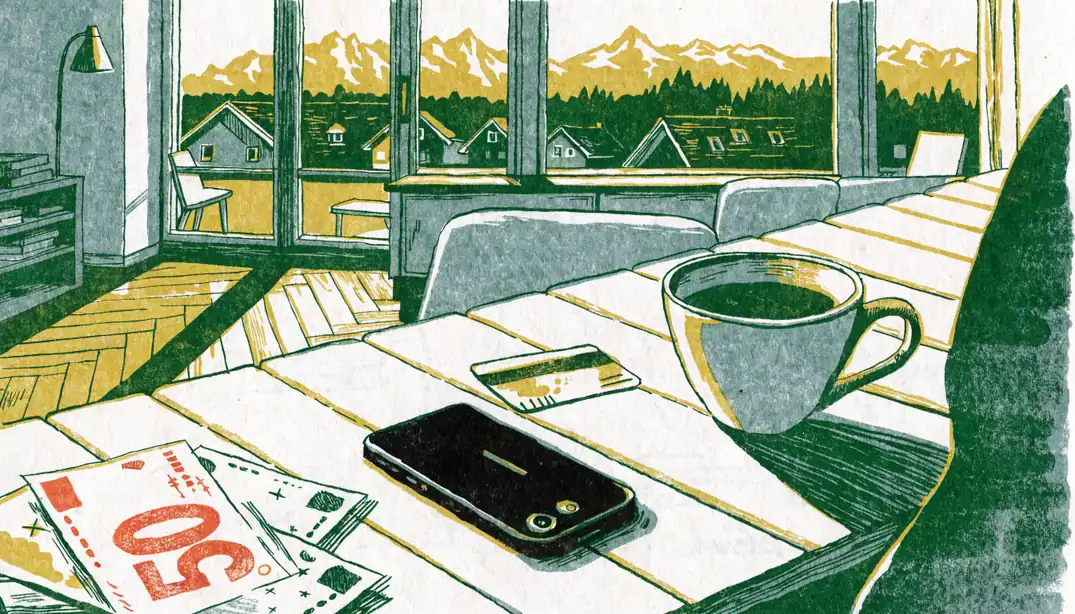 Smartphone mit Bankkarte und Schweizer Franken auf Holztisch