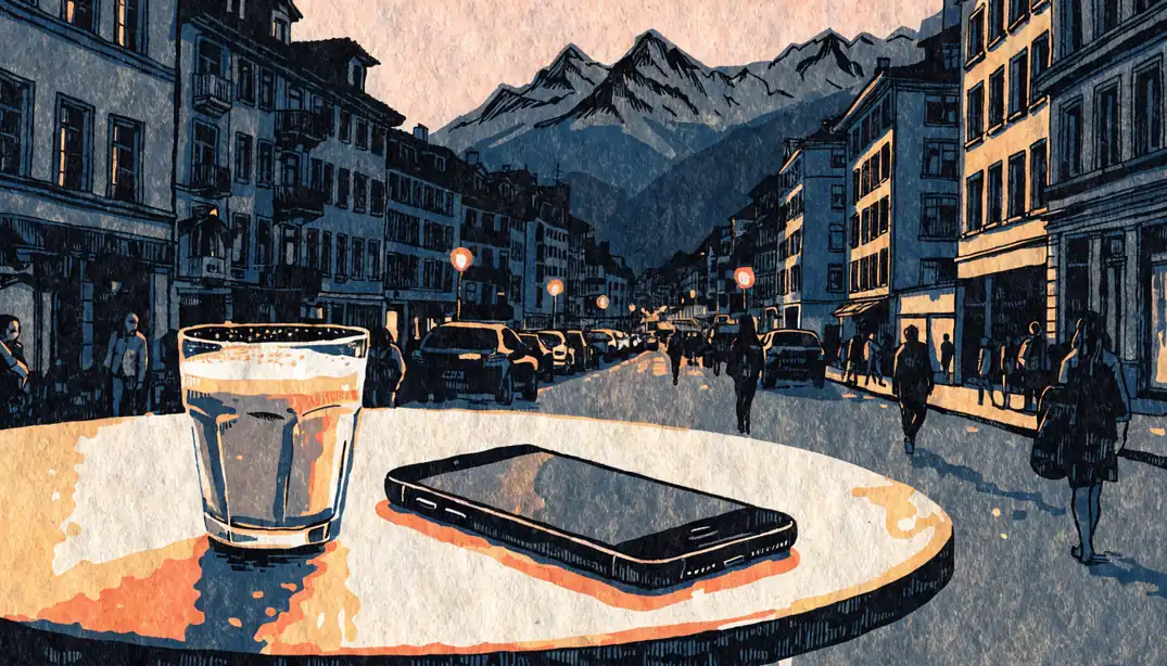 Smartphone auf einem Tisch in Zürich bei Dämmerung