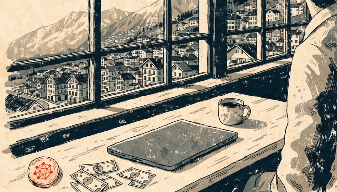 Schreibtisch mit Laptop, Schweizer Franken und Blockchain-Münze vor Alpenfenster