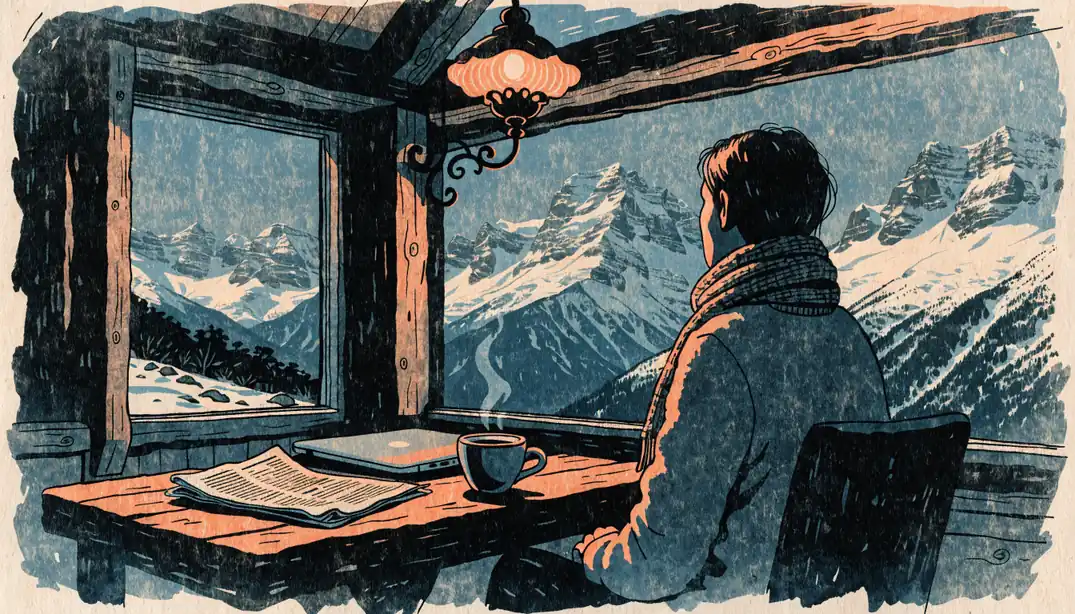 Person am Holztisch in einem Schweizer Bergchalet-Café mit Blick auf verschneite Alpen, geschlossener Laptop und Kaffeetasse