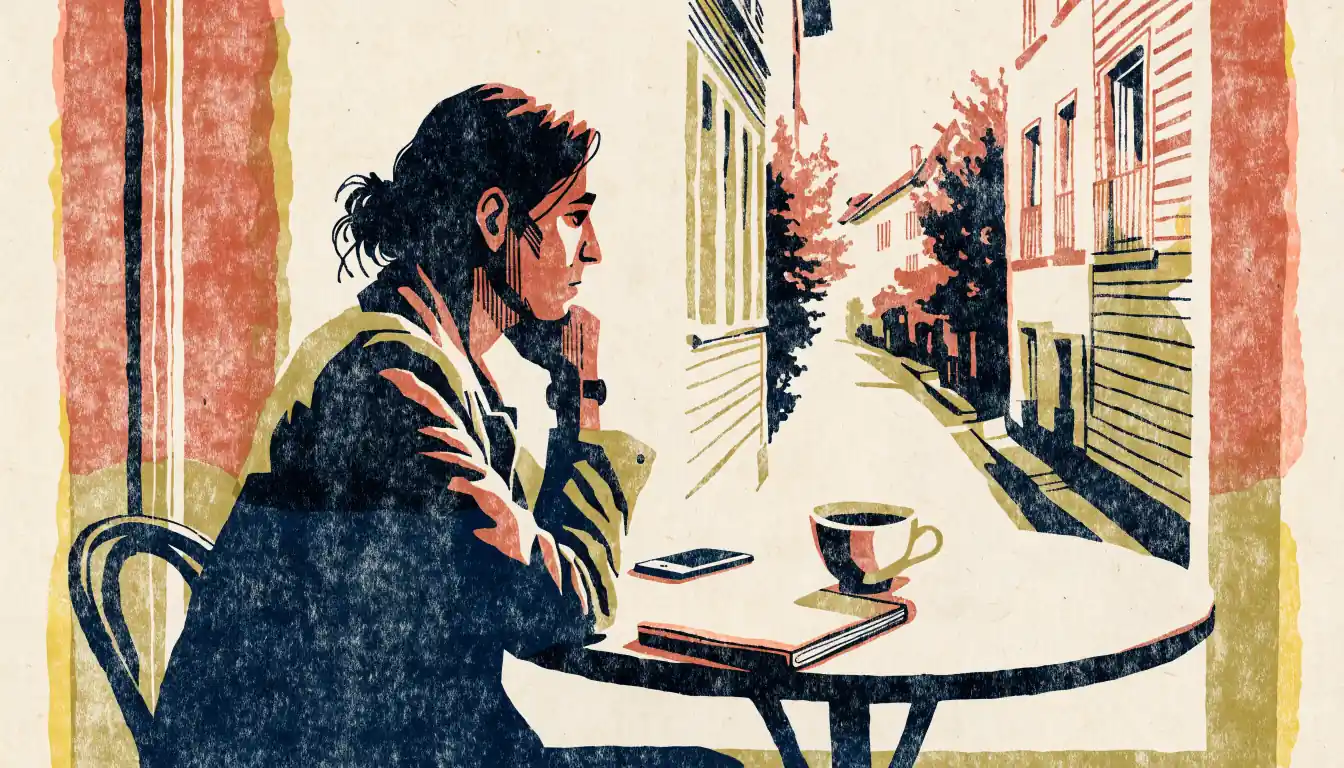 Person nachdenklich am Café-Tisch bei Tageslicht in der Schweiz
