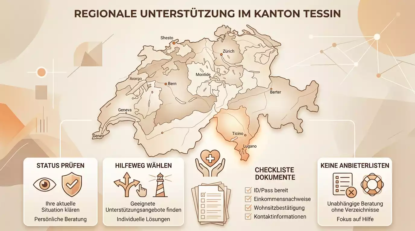 Karte der Schweiz mit Tessin-Markierung, daneben Hilfe- und Prüfhinweise